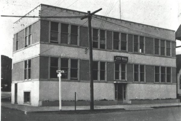 Early brick building, historic photograph