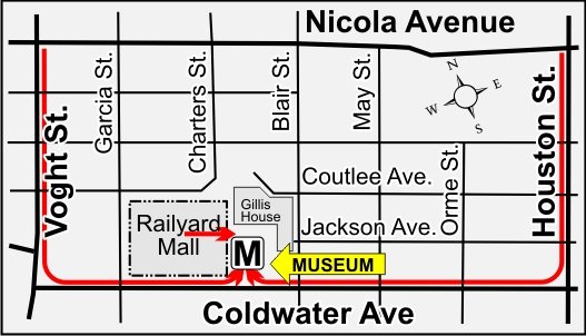 Map of downtown Merritt showing the museum at Tutill Court, near the Railyard Mall and Coldwater Avenue