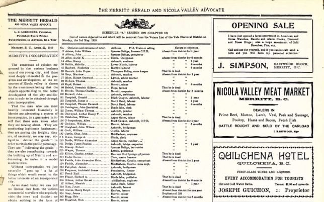 Page of the Merritt Herald and Nicola Valley Advocate