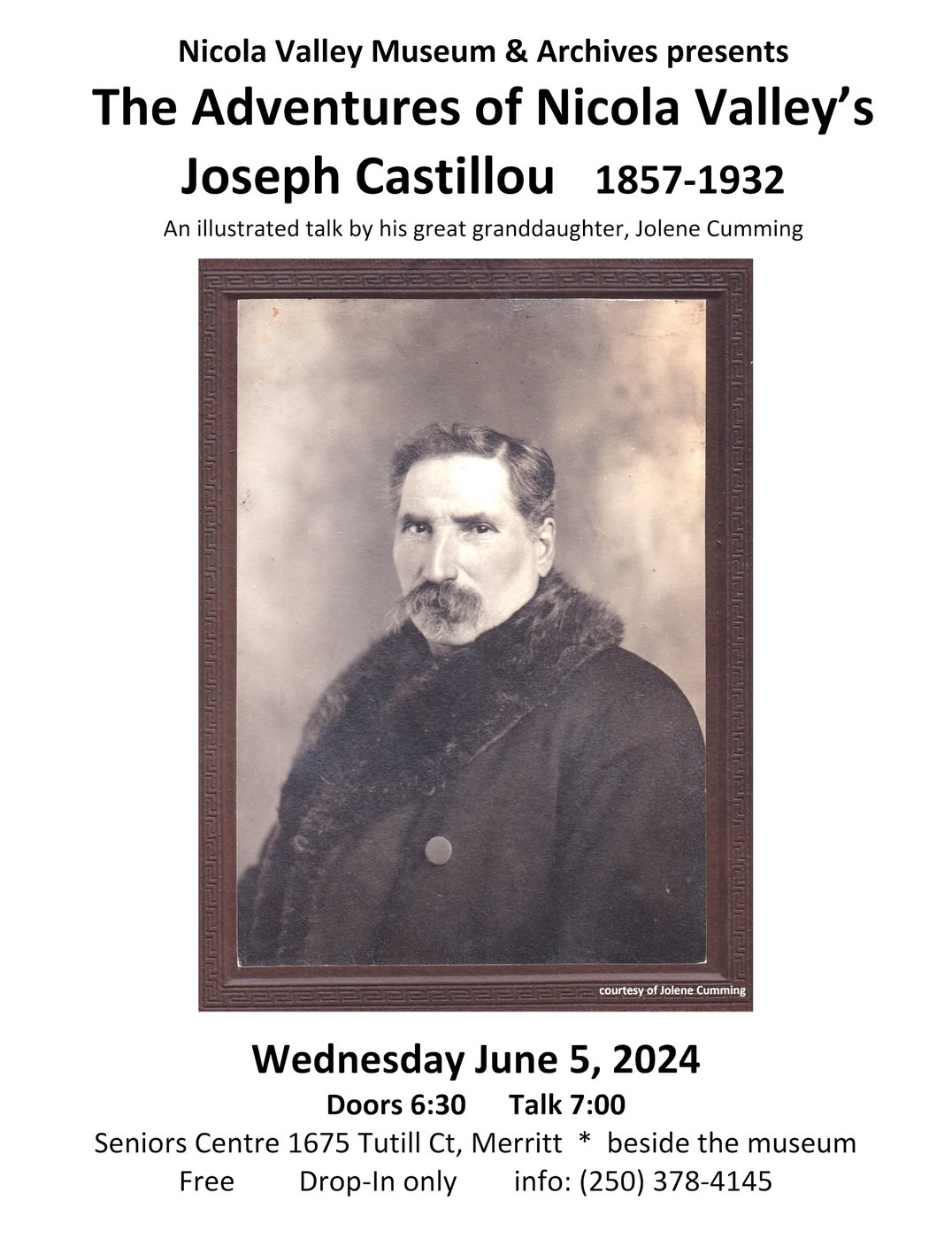 Poster: The Adventures of Nicola Valley’s Joseph Castillou, talk on June 5, 2024